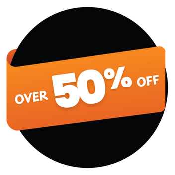 Promotional label with 'OVER 50% OFF' text on an orange background