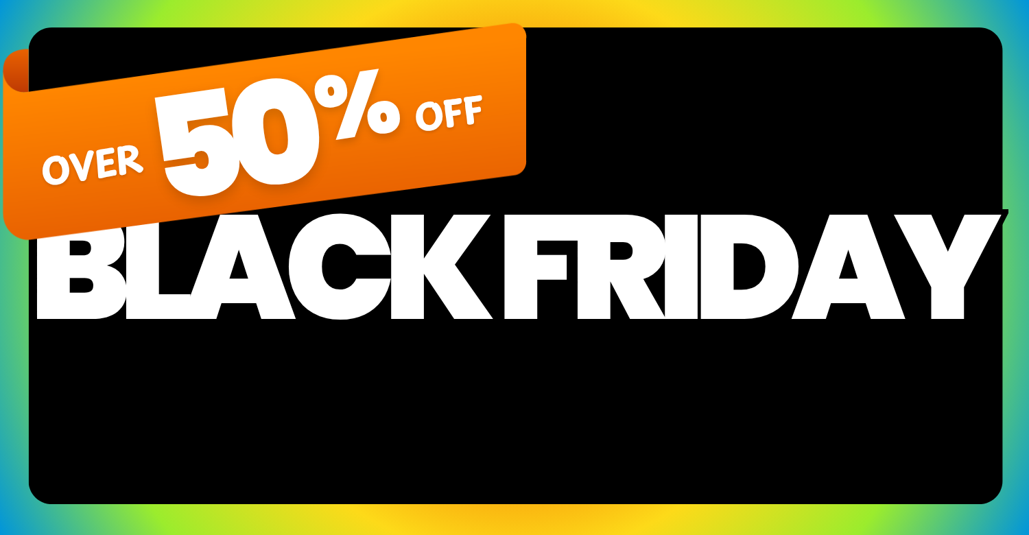 Black Friday sale banner with 'Over 50% Off' text on a colorful gradient background