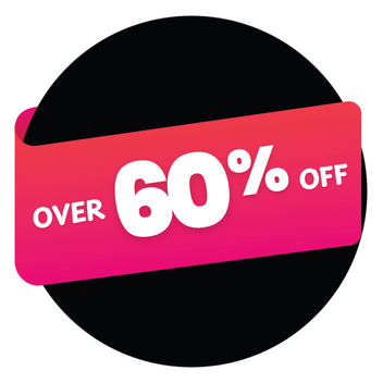 Promotional sticker with 'OVER 60% OFF' text on a black and pink background