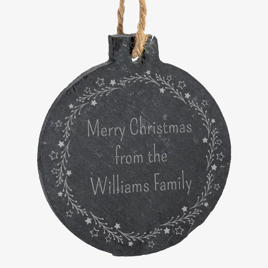 Round slate Christmas ornament with 'Merry Christmas from the Williams Family' text on a white background