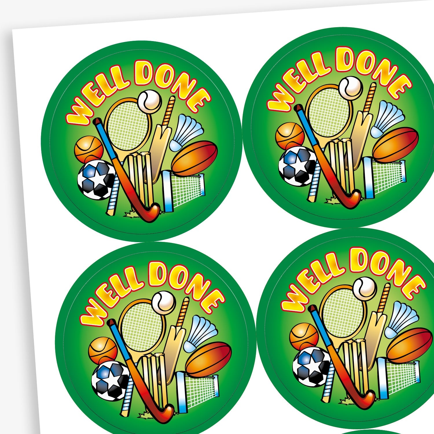 A sheet of green stickers featuring a collection of sports bats and balls in the centre.  The text 'Well Done' is above the image.