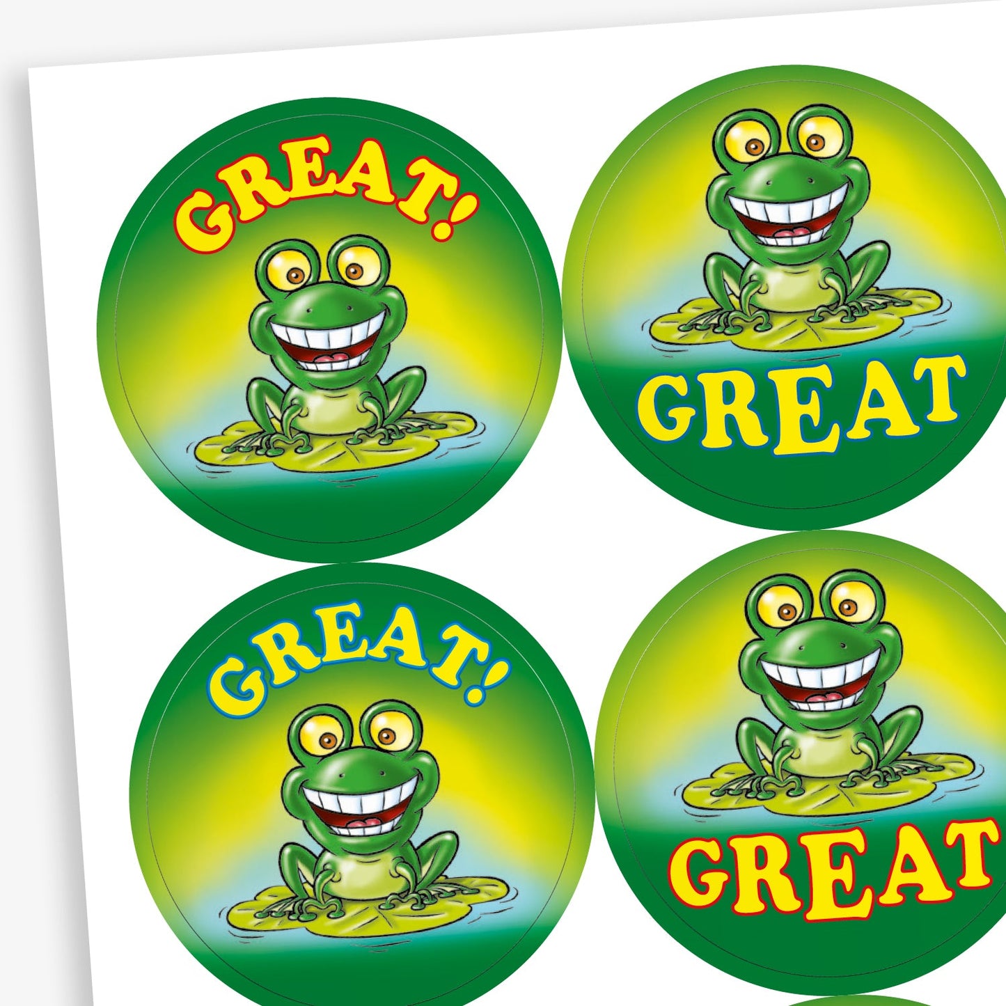 A sheet of circular reward stickers for children. Each sticker has a green and yellow gradient background featuring a smiling cartoon frog sitting on a lily pad. The word 'GREAT' is written in bold yellow or orange text above the frog.