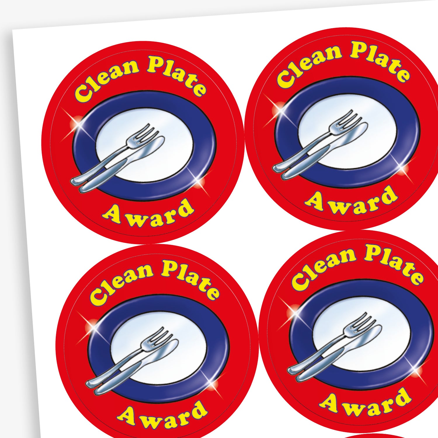 A sheet of circular 'Clean Plate Award' stickers with a red background. Each sticker features a blue-rimmed plate with a knife and fork on top, and yellow text curving around the top and bottom.
