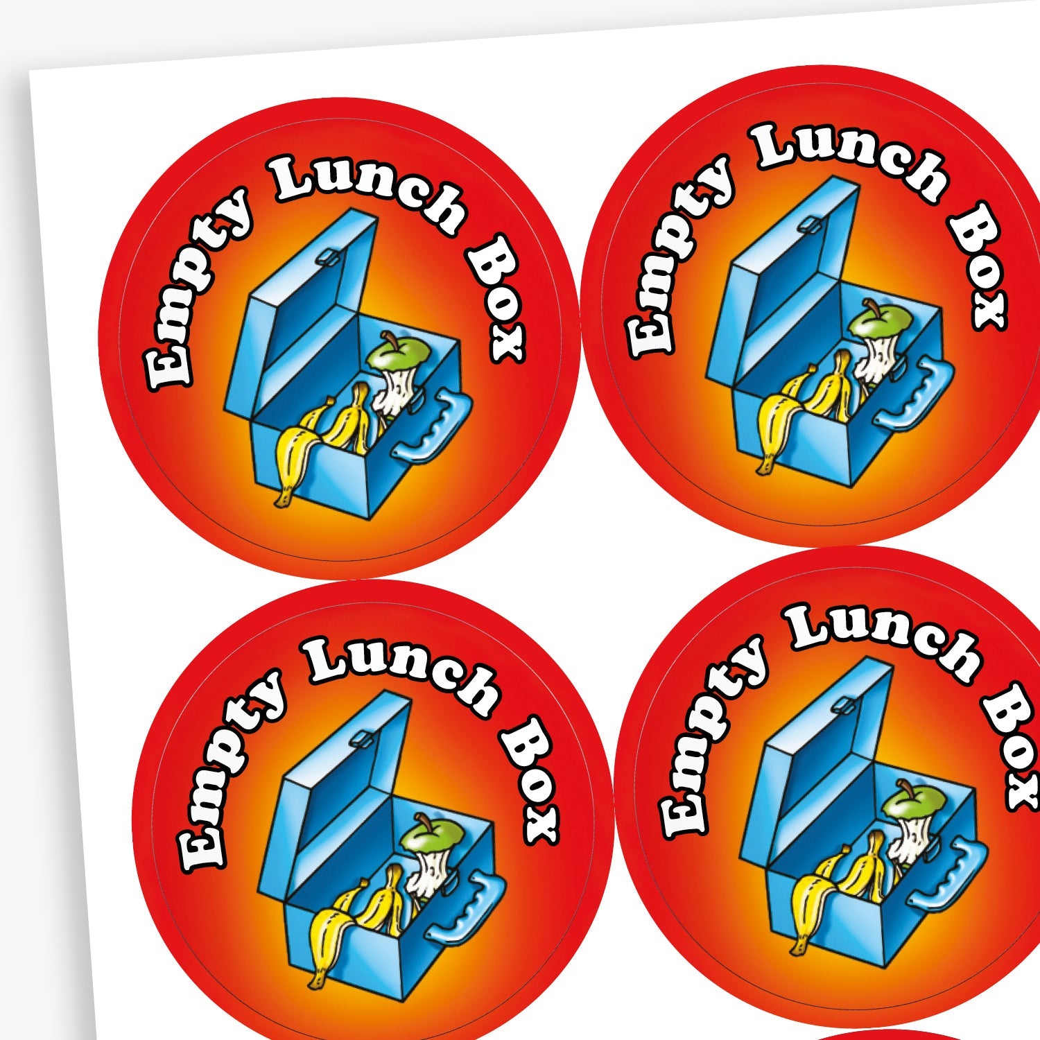 A sheet of circular stickers with a red and orange gradient background featuring an open lunch box containing empty food wrappers, a banana peel, and an apple core. The text around the top reads 'Empty Lunch Box' in bold white letters. These stickers are designed to reward children for finishing their lunch.