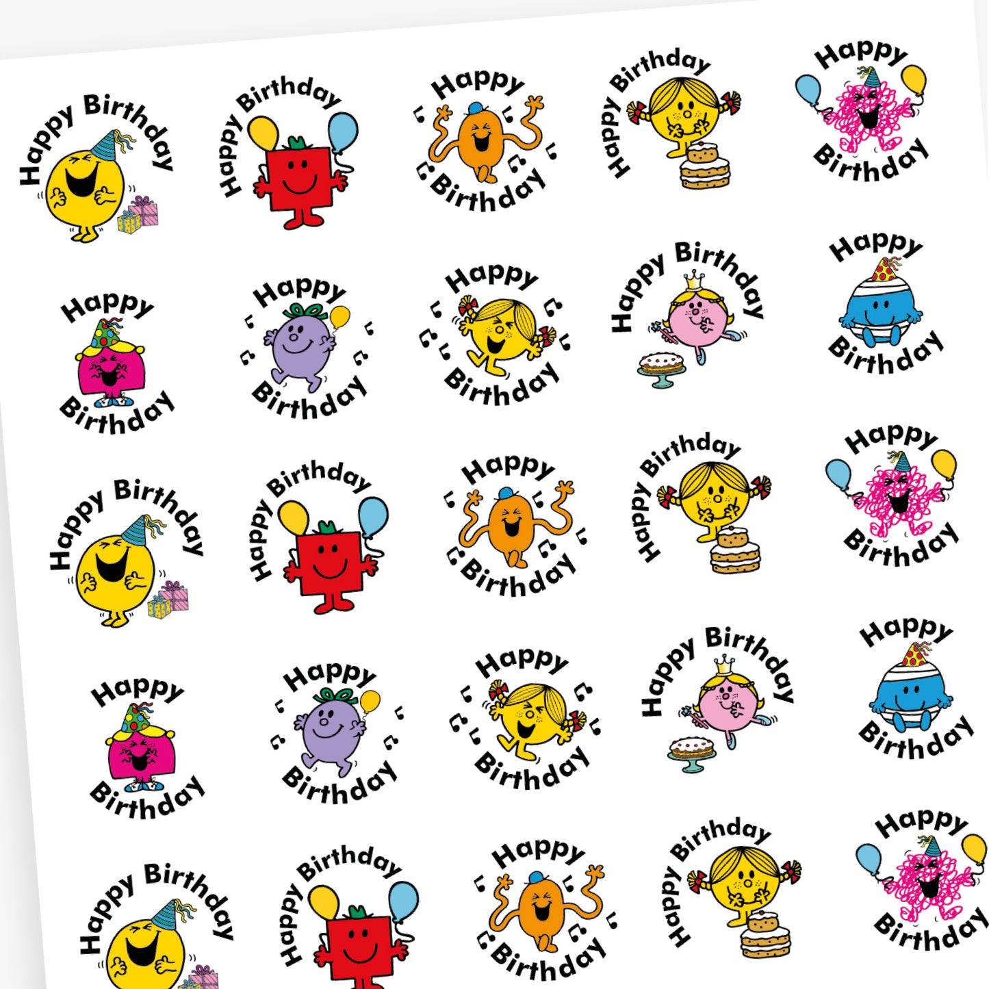 An overview of a sheet of circular reward stickers featuring Mr. Men and Little Miss characters on a white background.  Each sticker includes the phrase 'Happy Birthday' along with different Little Miss or Mr Men characters.