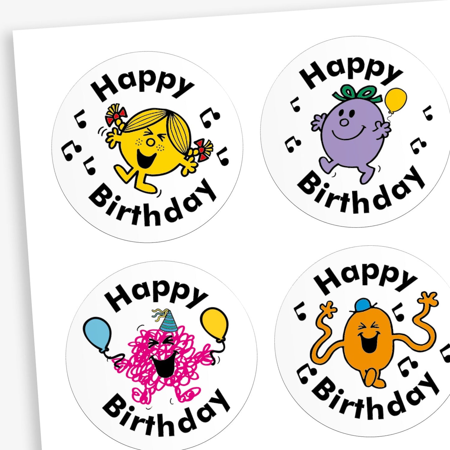 A snapshot of a sheet of circular reward stickers featuring Mr. Men and Little Miss characters on a white background.  Each sticker includes the phrase 'Happy Birthday' along with different Little Miss or Mr Men characters.
