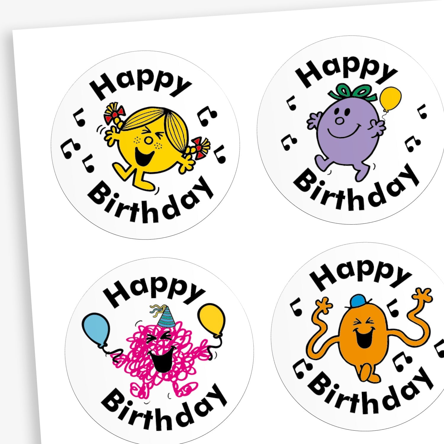 A snapshot of a sheet of circular reward stickers featuring Mr. Men and Little Miss characters on a white background.  Each sticker includes the phrase 'Happy Birthday' along with different Little Miss or Mr Men characters.