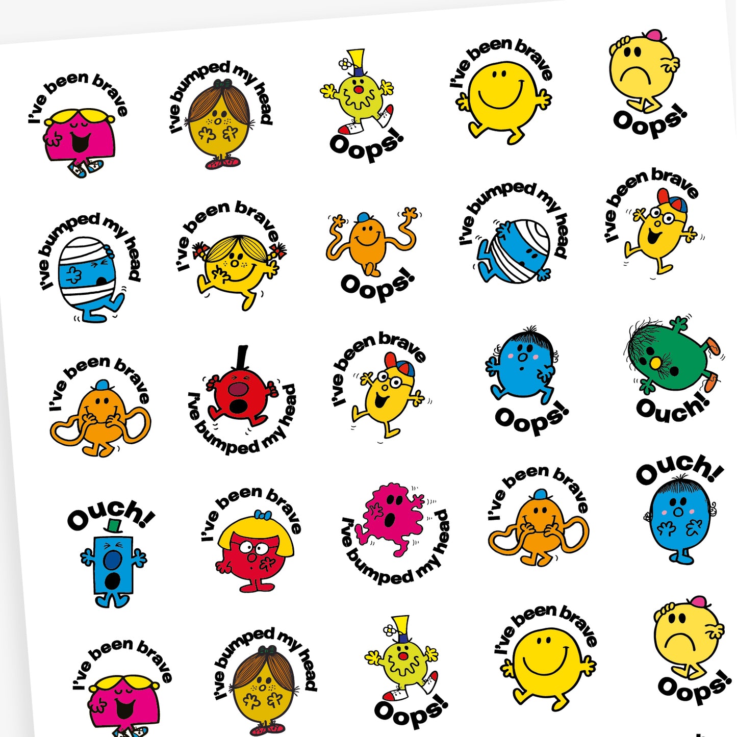 An overview of a sheet of circular reward stickers featuring Mr. Men and Little Miss characters on a white background.  Each sticker includes phrases relevant to first aid situations such as 'I've bee brave', 'I've bumped my Head' and 'Oops!' along with different Little Miss or Mr Men characters.