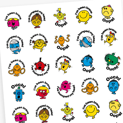 An overview of a sheet of circular reward stickers featuring Mr. Men and Little Miss characters on a white background.  Each sticker includes phrases relevant to first aid situations such as 'I've bee brave', 'I've bumped my Head' and 'Oops!' along with different Little Miss or Mr Men characters.