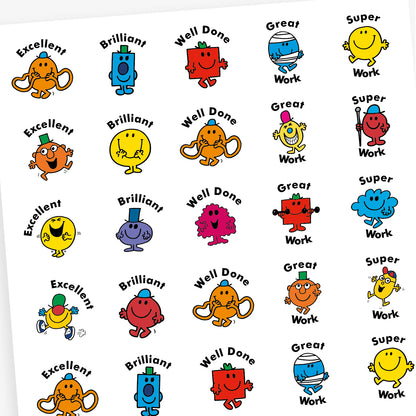 An overview of a sheet of circular reward stickers featuring Mr. Men and Little Miss characters on a white background.  Each sticker includes praising phrases 'Great Work', 'Well Done', 'Excellent' and 'Super Work' along with different Little Miss or Mr Men characters.