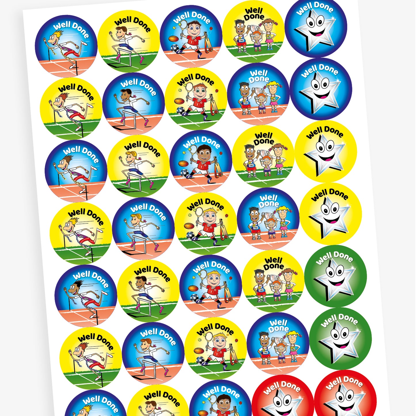 Overview of sheet of circular stickers with bright coloured backgrounds all saying 'Well Done'.  A blue background has an athlete crossing the finish line, the yellow background shows a character hurdling, a red background with a silver smiling star and a blue background with a boy character holding sporting equipment.