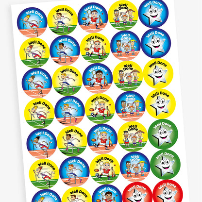 Overview of sheet of circular stickers with bright coloured backgrounds all saying 'Well Done'.  A blue background has an athlete crossing the finish line, the yellow background shows a character hurdling, a red background with a silver smiling star and a blue background with a boy character holding sporting equipment.