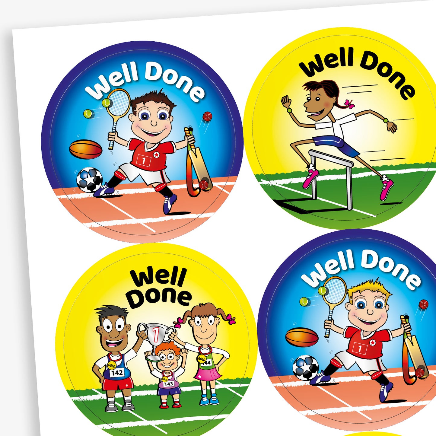 Sheet of circular stickers with bright coloured backgrounds all saying 'Well Done'.  A yellow background has a team of three characters lifting a trophy with '1' on it, the yellow background shows a character hurdling and a blue background with a boy character holding sporting equipment.