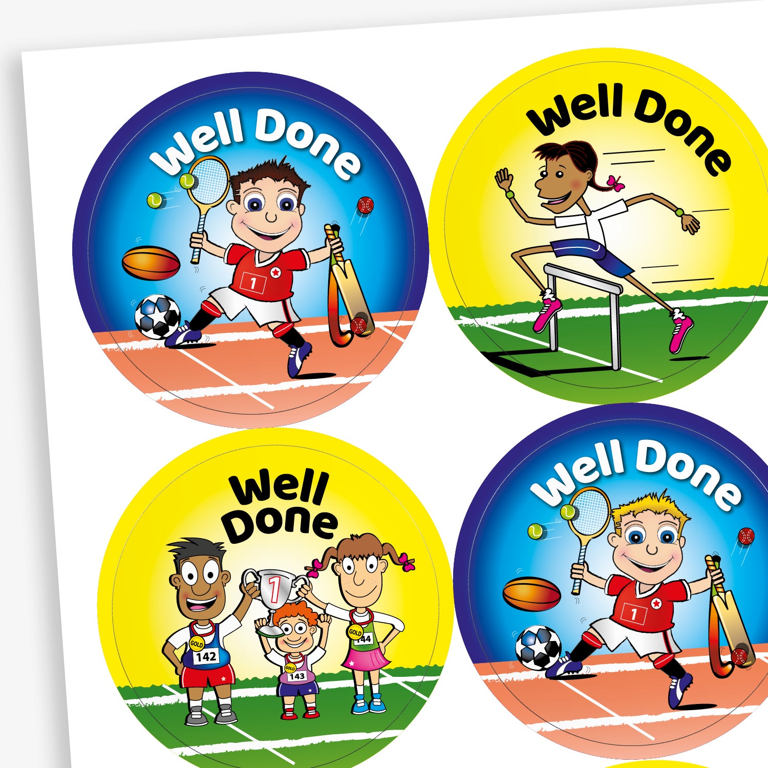 Sheet of circular stickers with bright coloured backgrounds all saying 'Well Done'.  A yellow background has a team of three characters lifting a trophy with '1' on it, the yellow background shows a character hurdling and a blue background with a boy character holding sporting equipment.