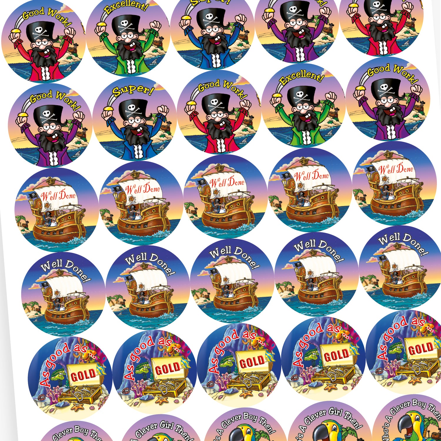 A sheet of circular stickers featuring pirate scenes including 'As good as ….GOLD' with underwater treasure; a pirate with a cutlass saying 'Excellent'; A pirate ship with it's main sail saying 'Well Done'; and a parrot saying 'Who's A Clever Boy Then!'.
