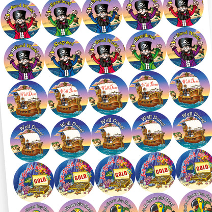 A sheet of circular stickers featuring pirate scenes including 'As good as ….GOLD' with underwater treasure; a pirate with a cutlass saying 'Excellent'; A pirate ship with it's main sail saying 'Well Done'; and a parrot saying 'Who's A Clever Boy Then!'.