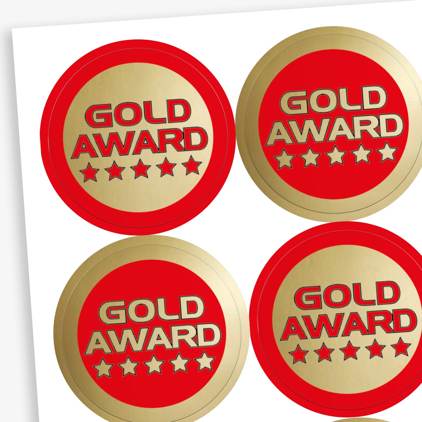 Sheet of 35, 37mm circular stickers with a metallic gold finish; each sticker features the text 'GOLD AWARD' above 5 stars.  The sheet has 50% stickers with a gold base and red text, and 50% a red base with gold text.