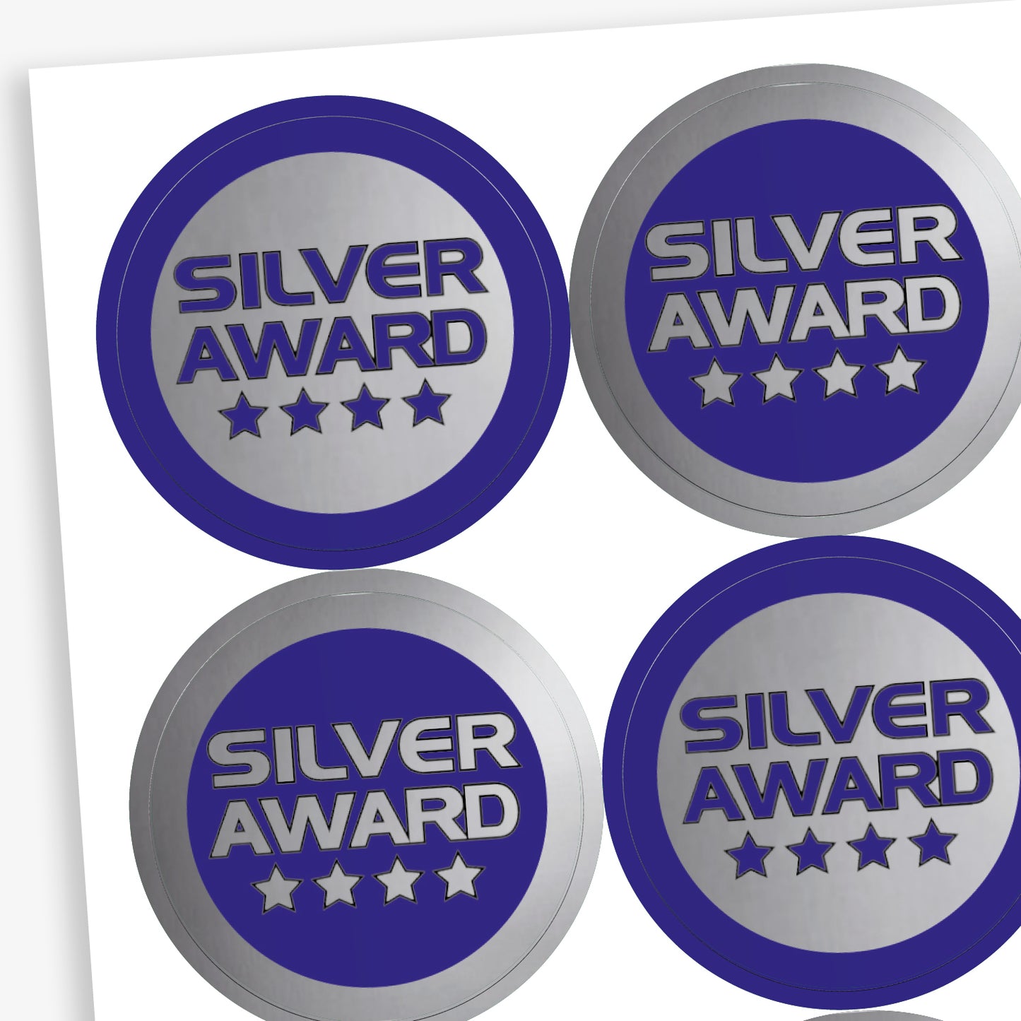 Sheet of 35, 37mm circular stickers with a metallic silver finish; each sticker features the text 'SILVER AWARD' above 4 stars.  The sheet has 50% stickers with a silver base and blue text, and 50% a blue base with silver text.