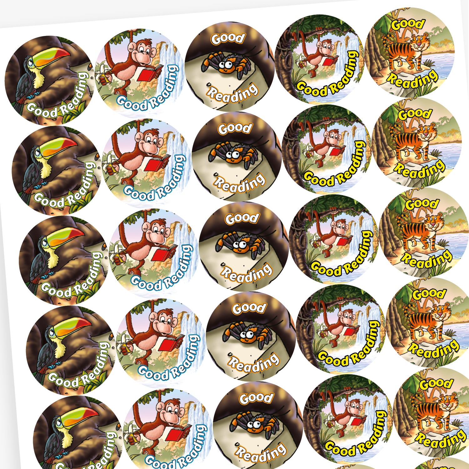 Overview of sheet of circular reward stickers, each featuring a jungle animal and a reading-themed message. Top left: a toucan on a tree branch with the words 'Good Reading'. Top right: a smiling spider on a leaf with the partially covered text 'Good Reading'. Bottom left: a cheerful tiger with the phrase 'Super Reader'. Bottom right: a monkey holding a red book near a waterfall, with the text 'Good Reading'.
