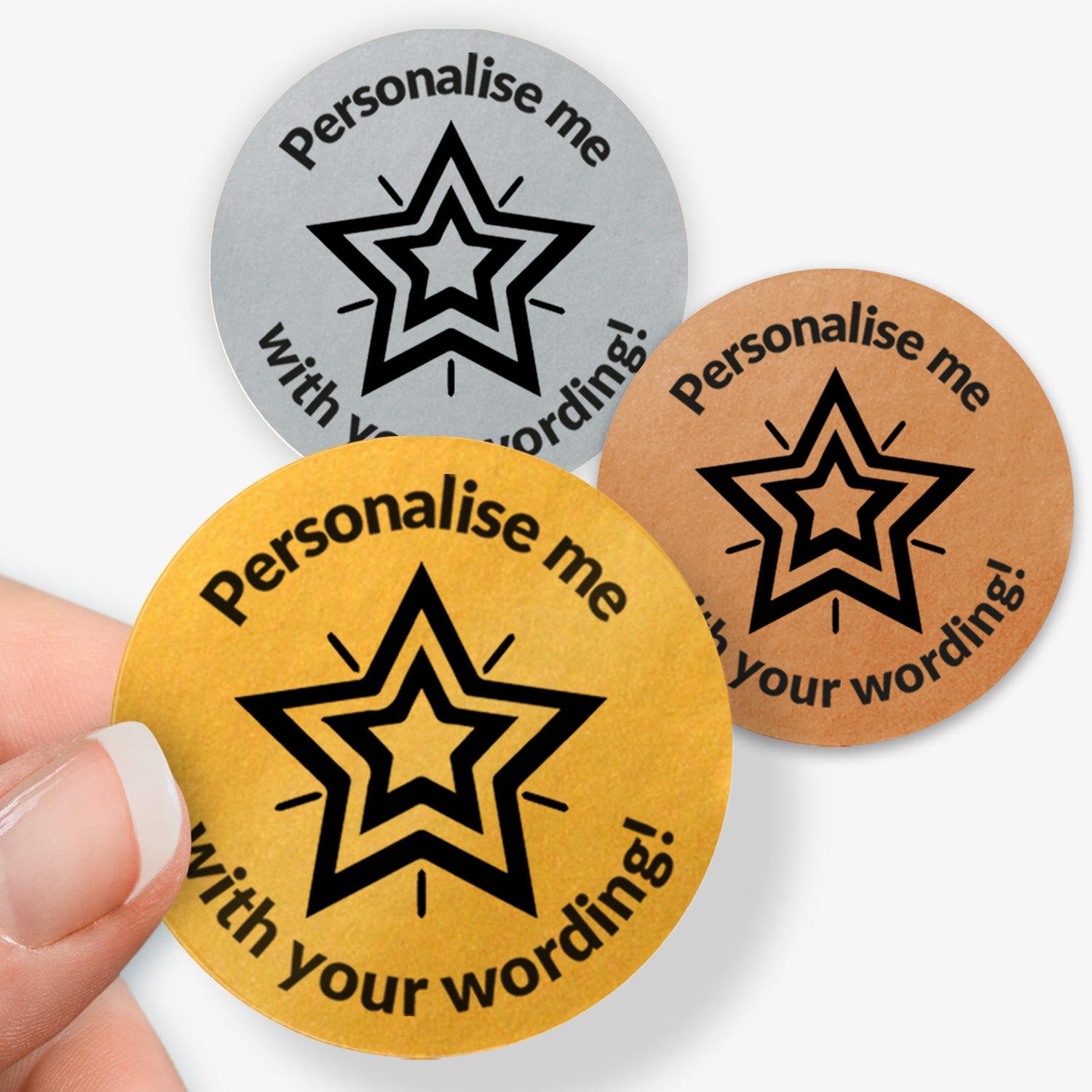 Three round stickers (gold, silver and bronze) with star designs and text 'Personalise me with your wording!' on a white background.