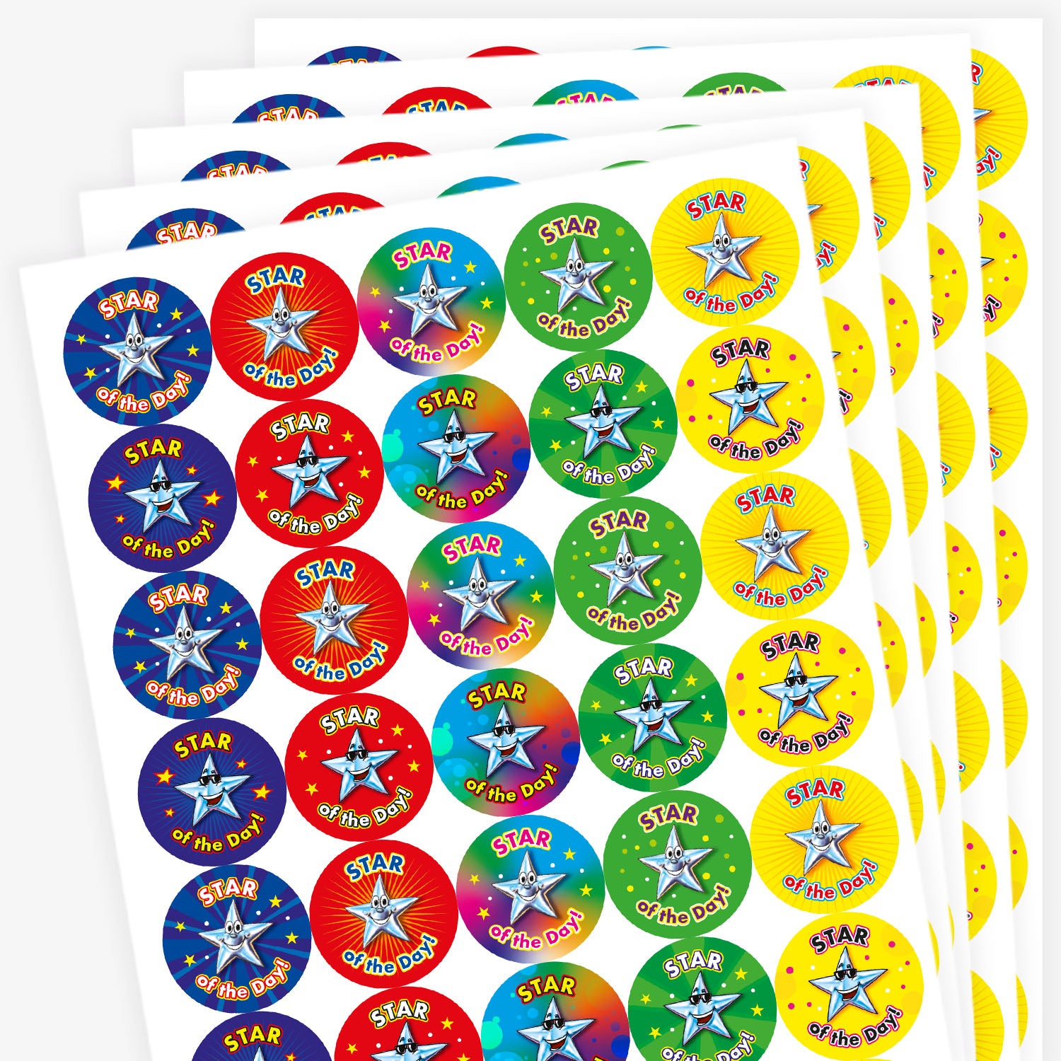Sheet of round 'Star of the Day' reward stickers featuring smiling cartoon stars with expressive faces. Each sticker has the same message but comes in a variety of vibrant background colours, including green, blue, red, and yellow.