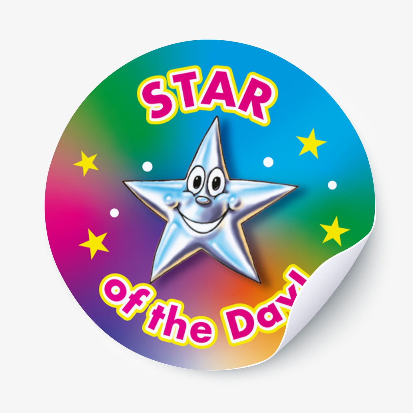 'Star of the Day' reward stickers featuring smiling cartoon stars with expressive faces. Vibrant colourful background.