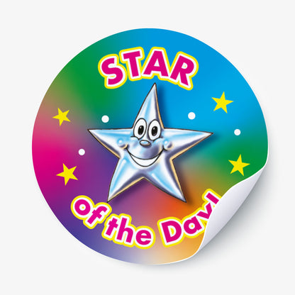 'Star of the Day' reward stickers featuring smiling cartoon stars with expressive faces. Vibrant colourful background.