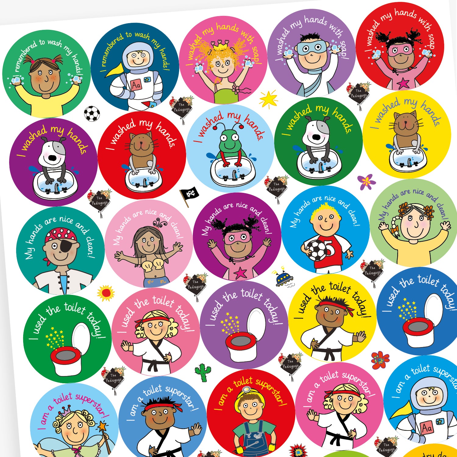 A sheet of circular stickers with cartoon characters and hygiene-related praise including a toilet with sparkles 'I used the toilet today!; a princess with soap on her hands 'I washed my hands with soap!; a smiling dog waving with the text 'I used the toilet today!; and a child in overalls saying 'I am a toilet superstar!'