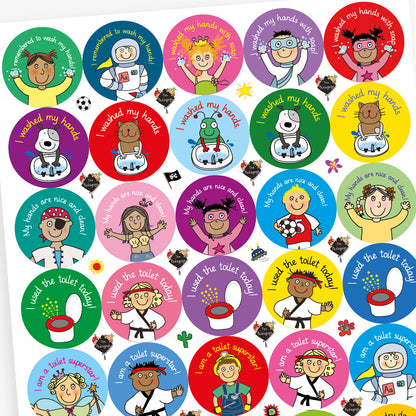 A sheet of circular stickers with cartoon characters and hygiene-related praise including a toilet with sparkles 'I used the toilet today!; a princess with soap on her hands 'I washed my hands with soap!; a smiling dog waving with the text 'I used the toilet today!; and a child in overalls saying 'I am a toilet superstar!'