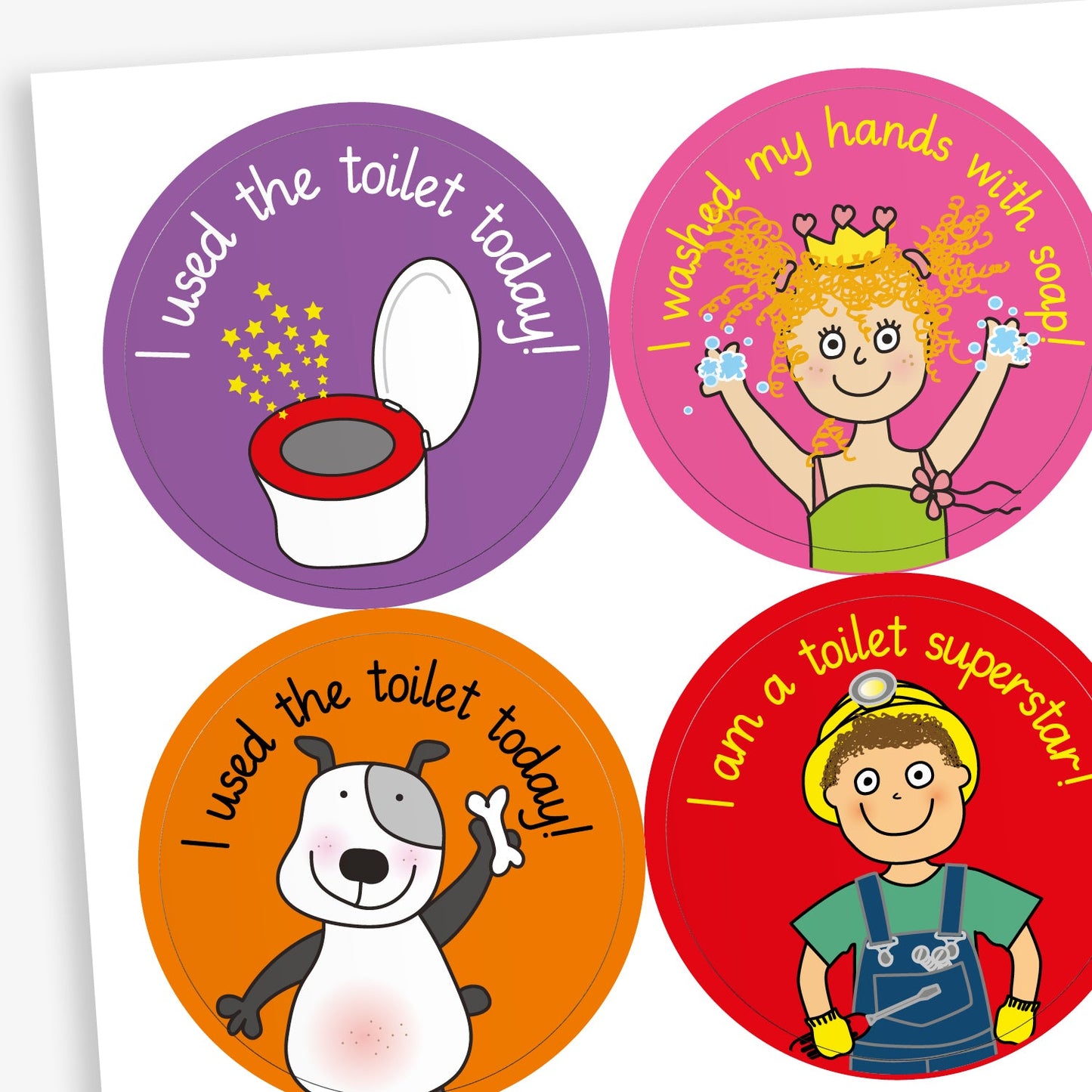 A sheet of circular stickers with cartoon characters and hygiene-related praise including a toilet with sparkles 'I used the toilet today!; a princess with soap on her hands 'I washed my hands with soap!; a smiling dog waving with the text 'I used the toilet today!; and a child in overalls saying 'I am a toilet superstar!'