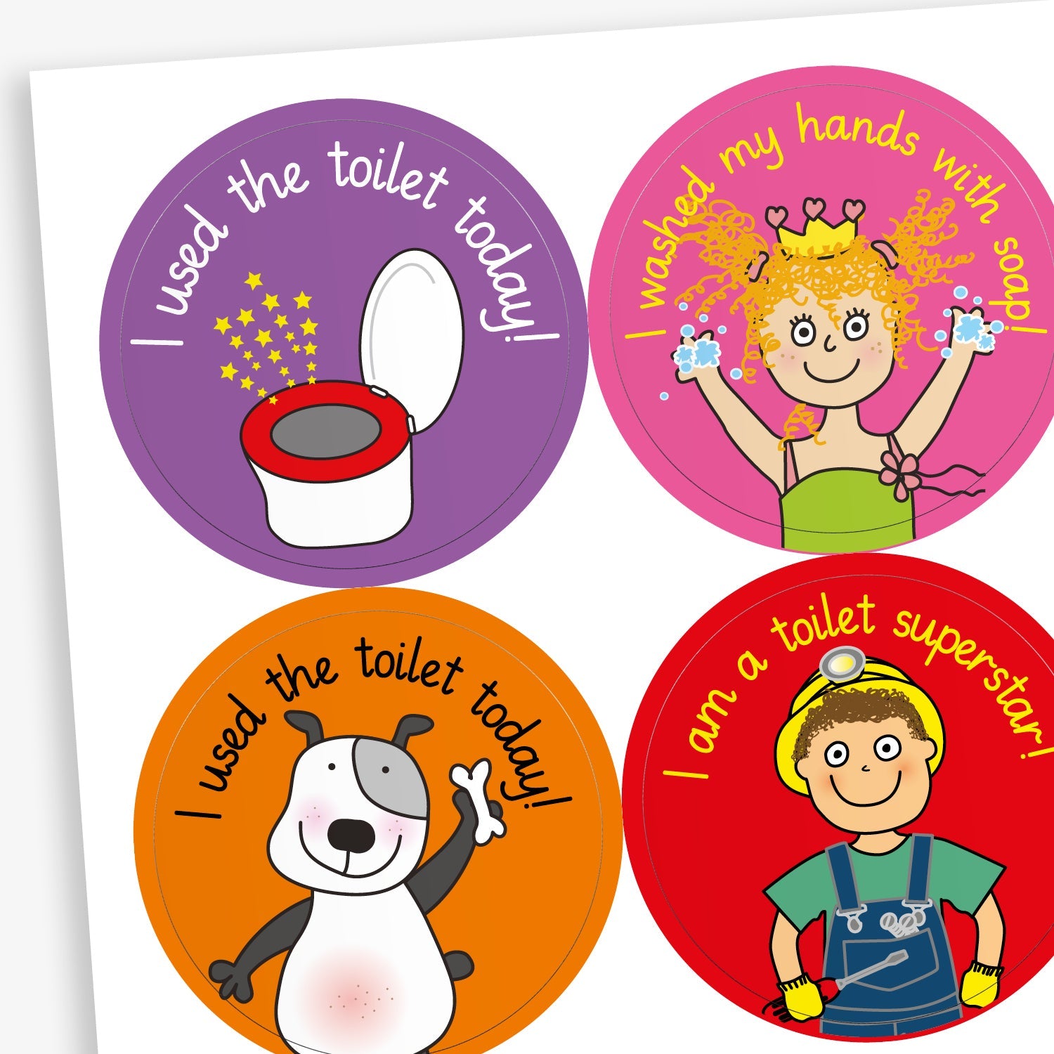A sheet of circular stickers with cartoon characters and hygiene-related praise including a toilet with sparkles 'I used the toilet today!; a princess with soap on her hands 'I washed my hands with soap!; a smiling dog waving with the text 'I used the toilet today!; and a child in overalls saying 'I am a toilet superstar!'