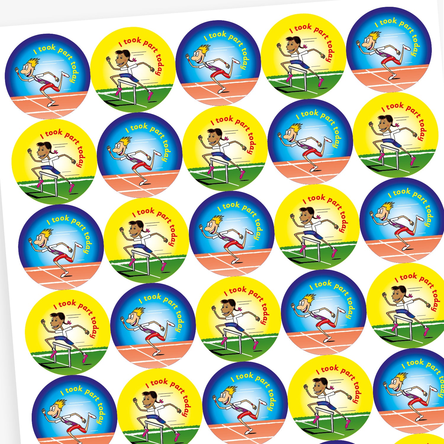 Full overview of a sheet of circular stickers with bright coloured backgrounds all saying 'I took part today'.  Yellow and blue backgrounds show an athlete crossing the finish line