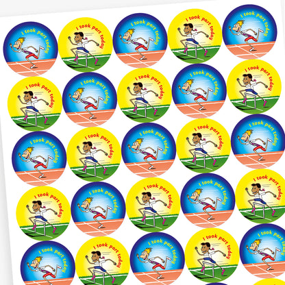 Full overview of a sheet of circular stickers with bright coloured backgrounds all saying 'I took part today'.  Yellow and blue backgrounds show an athlete crossing the finish line