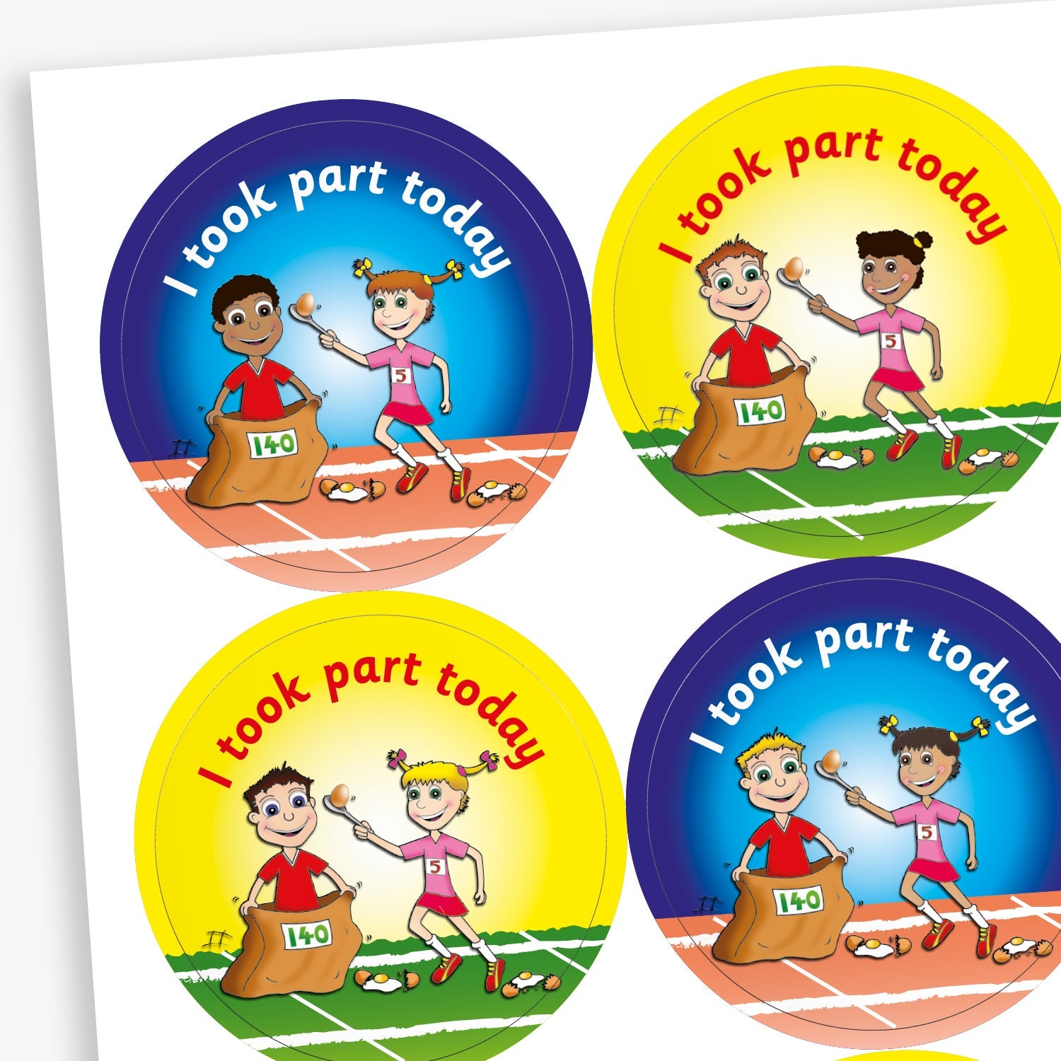 Sheet of circular stickers with bright coloured backgrounds all saying 'I took part today'.  Yellow and blue backgrounds show an athletes partaking in the 'egg and spoon race' and also the 'sack race'