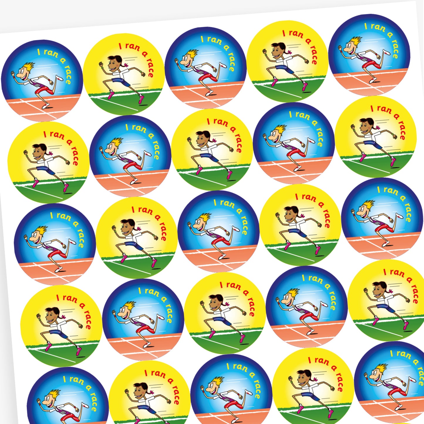 Full overview of a sheet of circular stickers with bright coloured backgrounds all saying 'I ran a race'.  Yellow and blue backgrounds show an athlete crossing the finish line