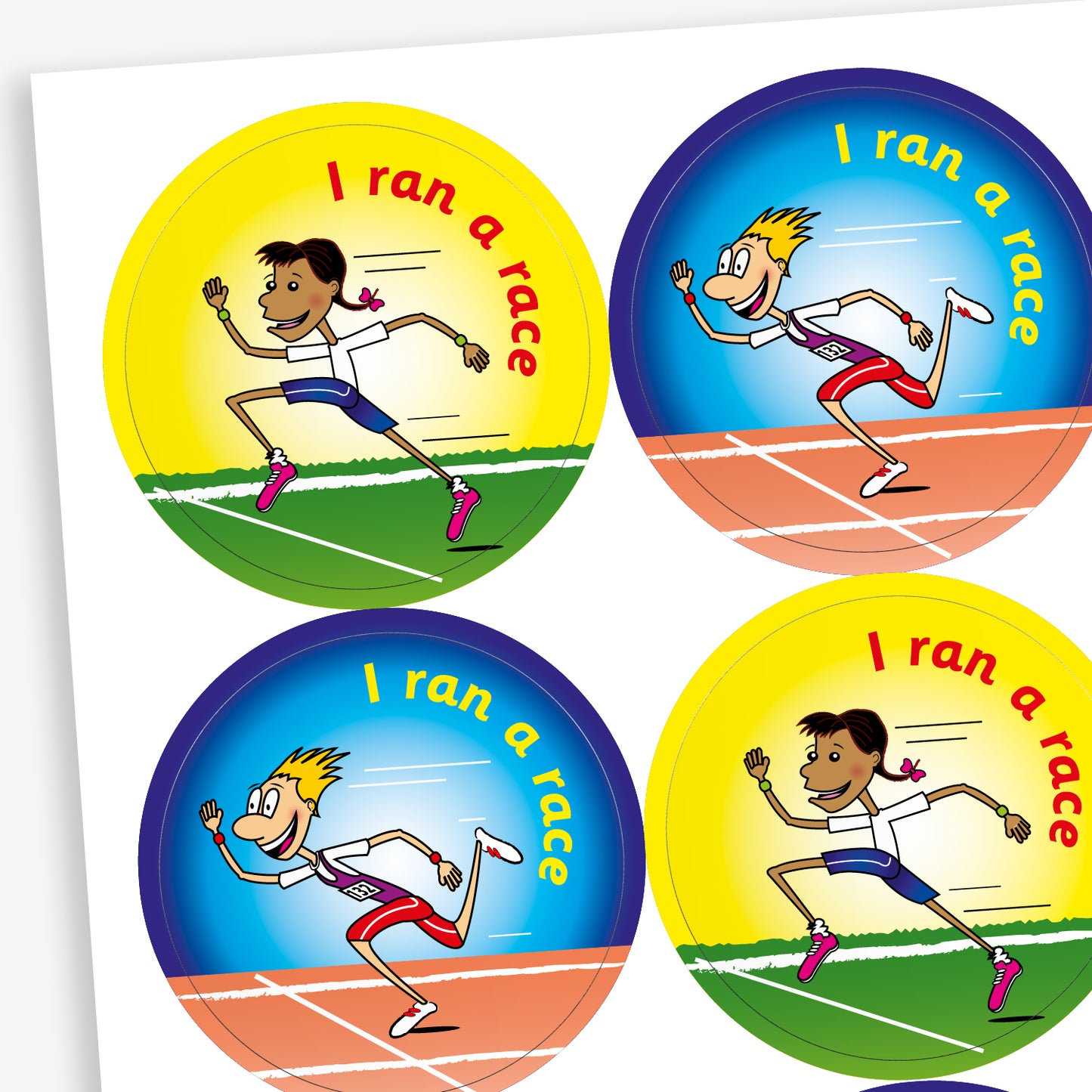 Sheet of circular stickers with bright coloured backgrounds all saying 'I ran a race'.  Yellow and blue backgrounds show an athlete crossing the finish line