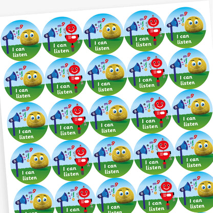 Full sheet of circular reward stickers for children with a sky-blue and grassy background. Each sticker features either a fluffy yellow character or a red robot next to a speaker with floating letters. The phrase 'I can listen' is written in white at the bottom of each sticker