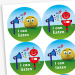A sheet of four circular reward stickers for children with a sky-blue and grassy background. Each sticker features either a fluffy yellow character or a red robot next to a speaker with floating letters. The phrase 'I can listen' is written in white at the bottom of each sticker