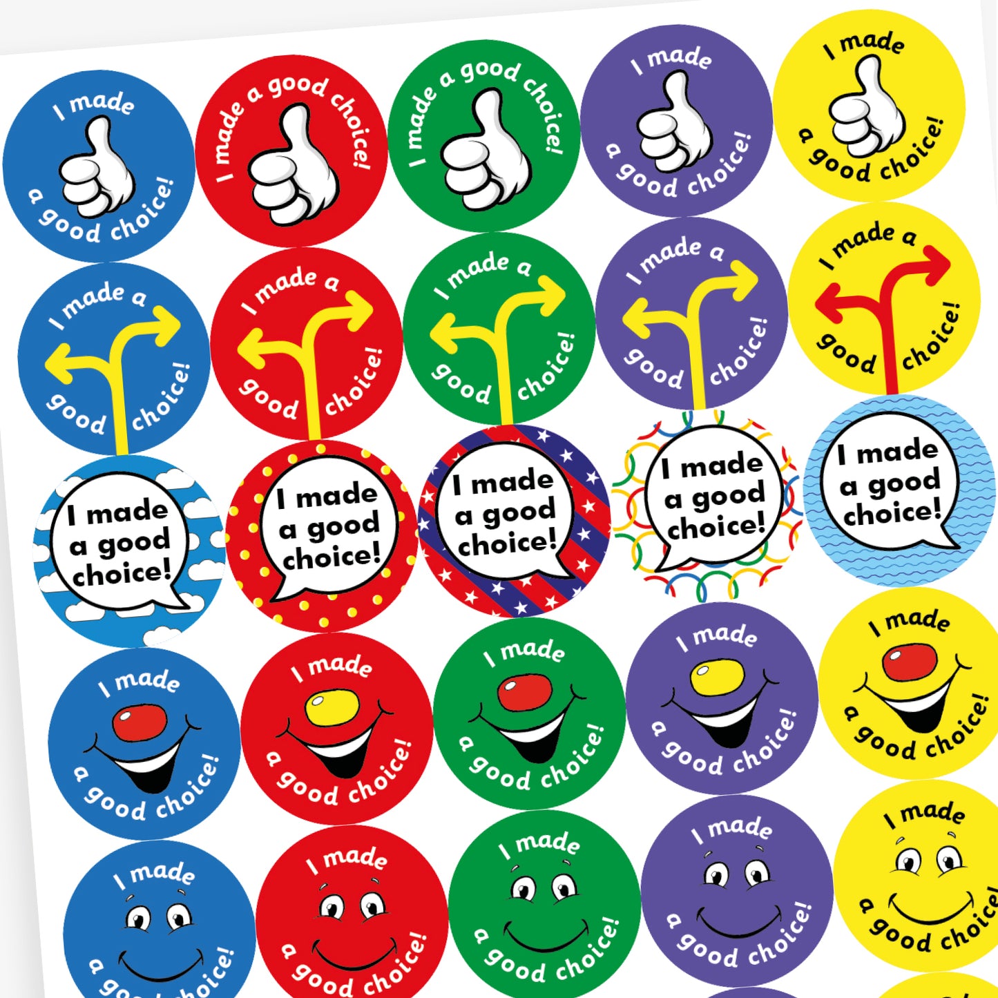 Full sheet of colourful circular reward stickers for children, each with the phrase 'I made a good choice!'. Designs include a blue background with a thumbs-up illustration; a yellow background with a smiling cartoon face; a red background with a yellow direction sign and a green background with a smiling face featuring a red nose.