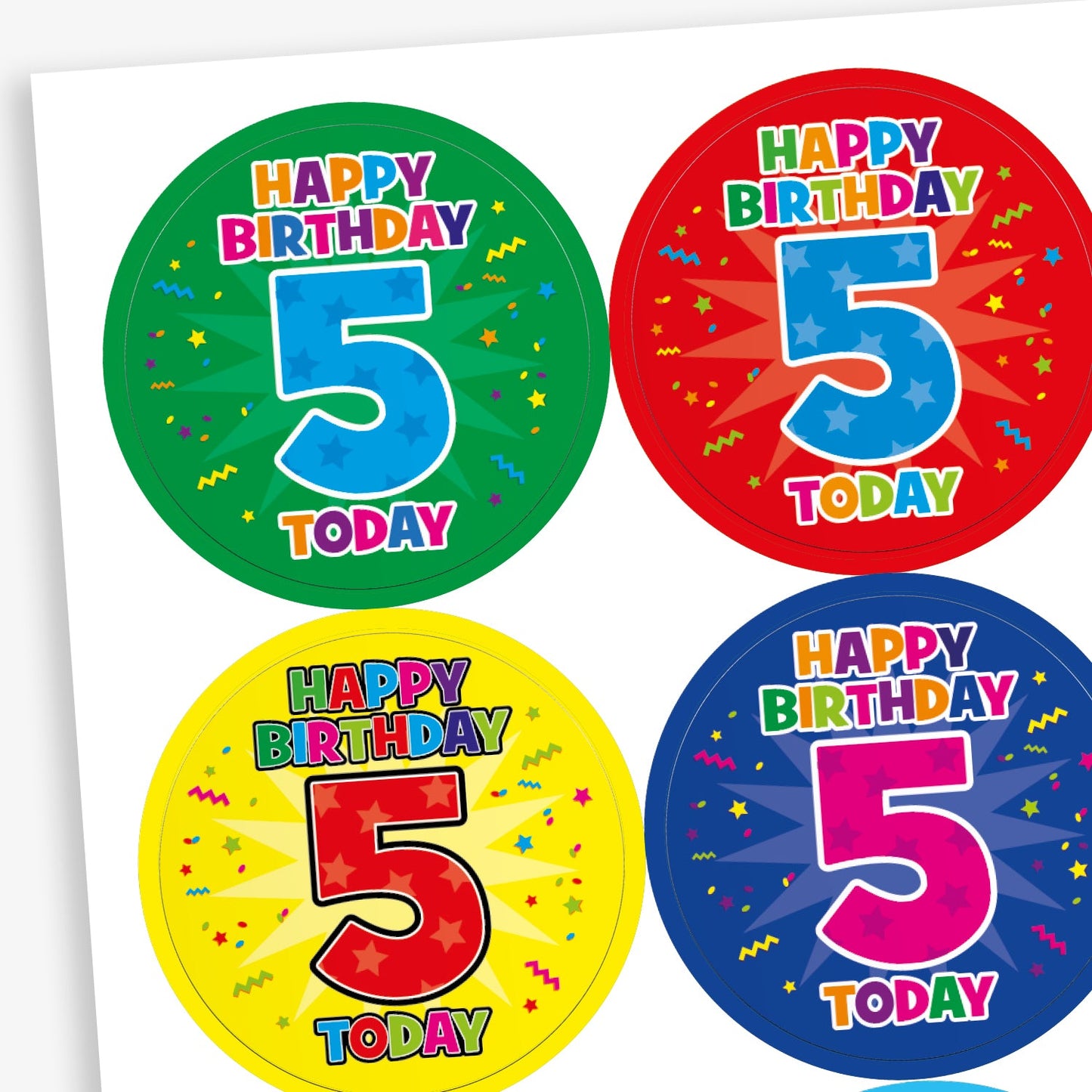 A sheet of circular birthday stickers for children, each with the message 'Happy Birthday 5 Today' in colourful, playful letters. The large number 5 is displayed in the centre of each sticker, with confetti and starburst designs in the background. Sticker colours include red, light blue, yellow, and dark blue.