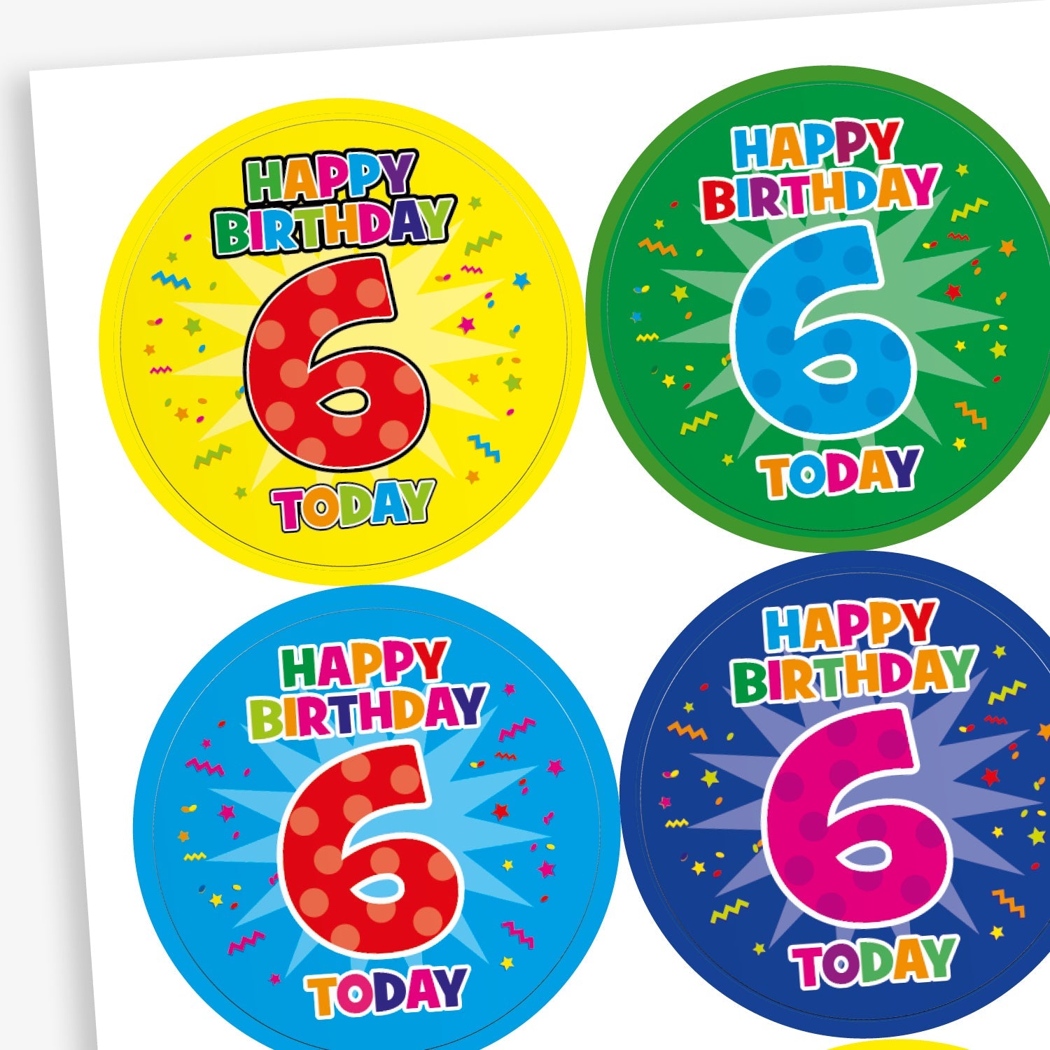 A sheet of circular birthday stickers for children, each with the message 'Happy Birthday 6 Today' in colourful, playful letters. The large number 6 is displayed in the centre of each sticker, with confetti and starburst designs in the background. Sticker colours include red, light blue, yellow, and dark blue.