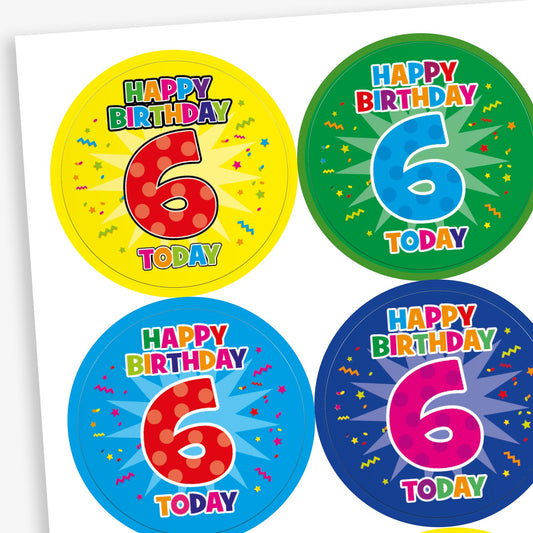 A sheet of circular birthday stickers for children, each with the message 'Happy Birthday 6 Today' in colourful, playful letters. The large number 6 is displayed in the centre of each sticker, with confetti and starburst designs in the background. Sticker colours include red, light blue, yellow, and dark blue.