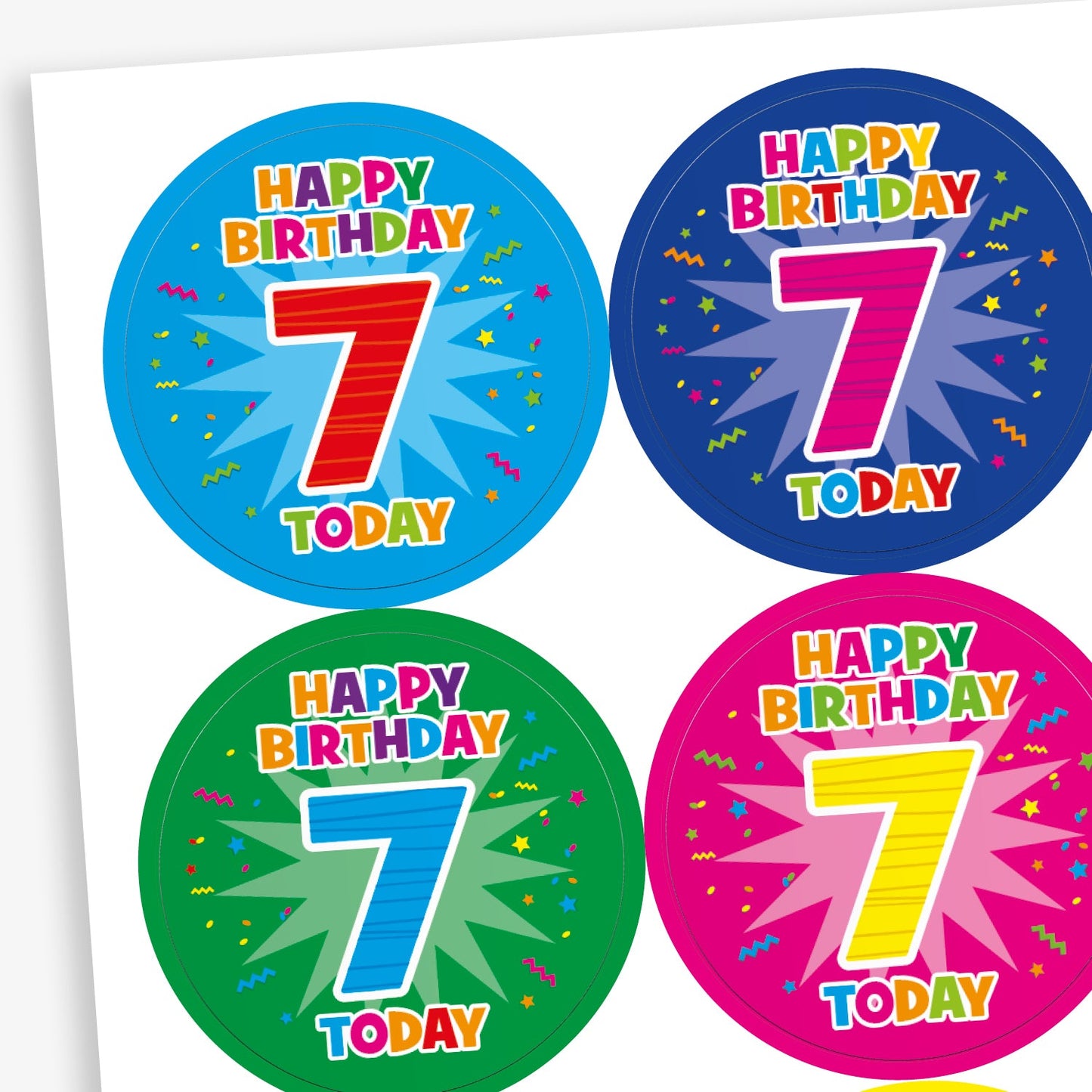 A sheet of circular birthday stickers for children, each with the message 'Happy Birthday 7 Today' in colourful, playful letters. The large number 7 is displayed in the centre of each sticker, with confetti and starburst designs in the background. Sticker colours include red, light blue, yellow, and dark blue.