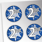 A sheet of metallic silver stickers with a blue and silver starburst behind a white font '2nd'.