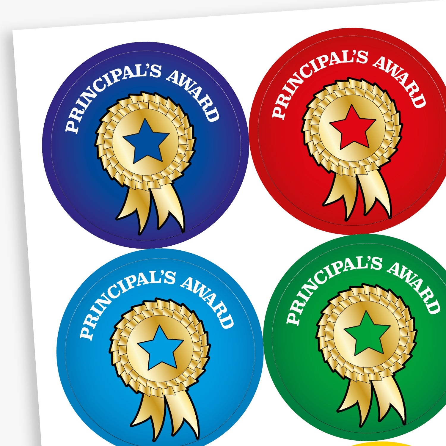 A sheet of colourful circular stickers with the phrase 'PRINCIPAL'S AWARD' featuring a gold rosette with a star on backgrounds of green, red, blue and cyan.