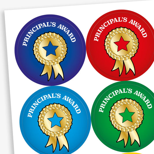 A sheet of colourful circular stickers with the phrase 'PRINCIPAL'S AWARD' featuring a gold rosette with a star on backgrounds of green, red, blue and cyan.