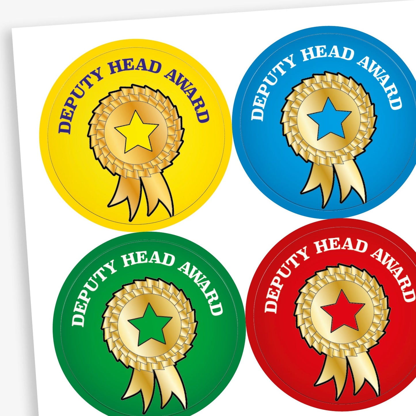 A sheet of circular reward stickers titled 'Deputy Head Award'. Each sticker features a gold rosette with a central star in different colours—yellow, blue, green, and red—set against vibrant backgrounds matching the star colour.
