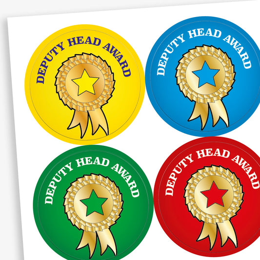A sheet of circular reward stickers titled 'Deputy Head Award'. Each sticker features a gold rosette with a central star in different colours—yellow, blue, green, and red—set against vibrant backgrounds matching the star colour.