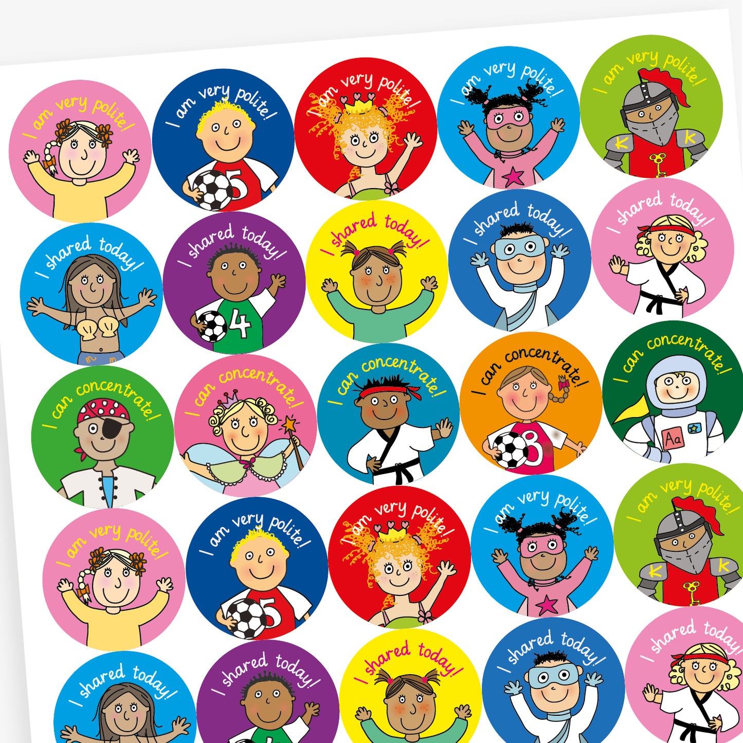 An overview of a sheet of circular stickers for children featuring cartoon characters and references to manners. Messages include 'I shared today!' with a smiling boy holding a football, 'I can concentrate!' with a girl wearing a fairy outfit, and another 'I am very politet!' with a cheerful knight character. Each sticker has a bright background in colours like green, teal, purple, and pink.