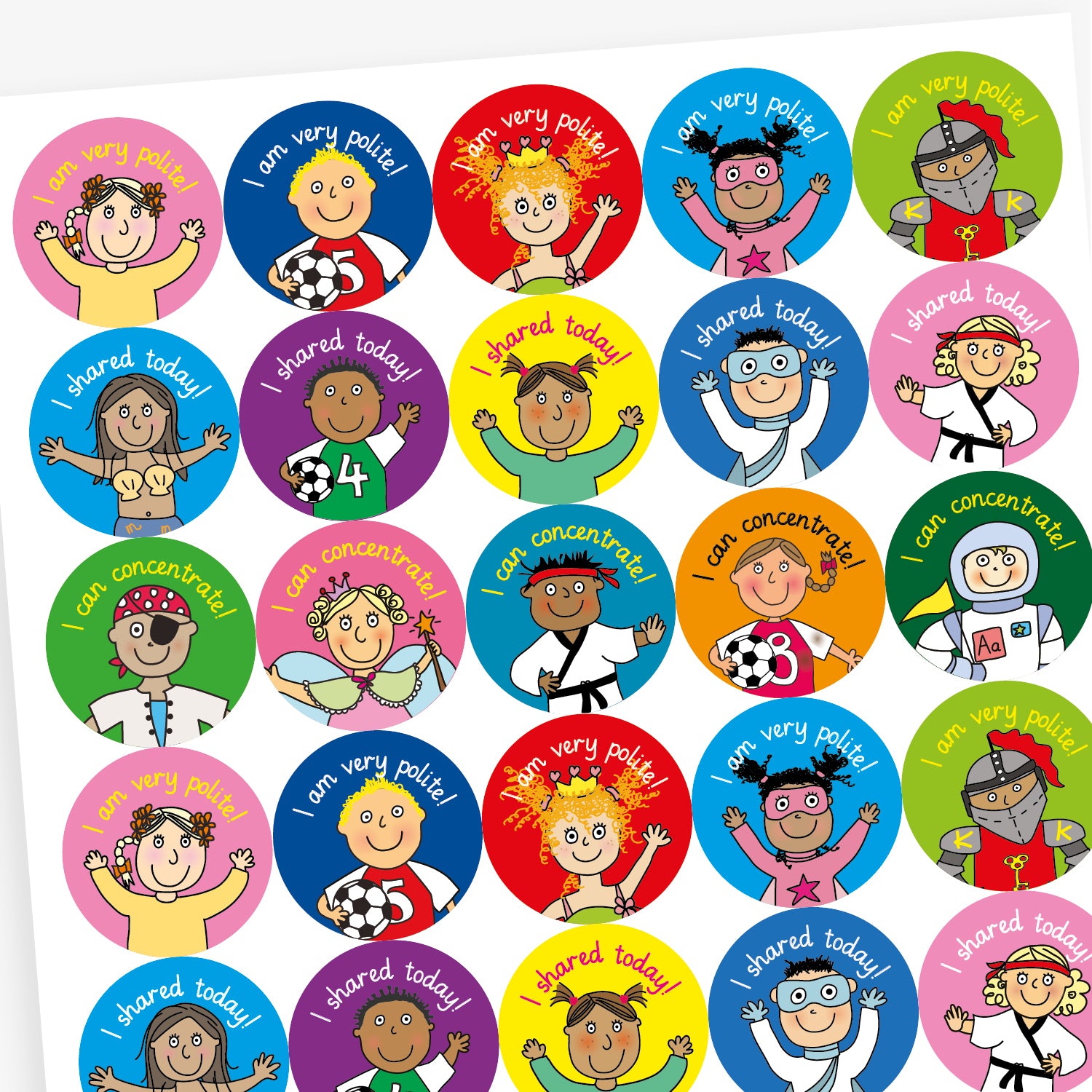 An overview of a sheet of circular stickers for children featuring cartoon characters and references to manners. Messages include 'I shared today!' with a smiling boy holding a football, 'I can concentrate!' with a girl wearing a fairy outfit, and another 'I am very politet!' with a cheerful knight character. Each sticker has a bright background in colours like green, teal, purple, and pink.